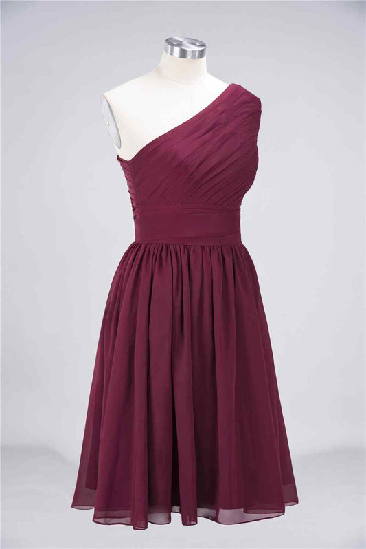 Burgundy A-line One Shoulder Pleated Chiffon Mini Bridesmaid Dress Junior Party Prom Gowns
