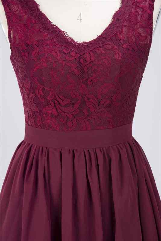 Burgundy A-line Jewel Neck Lace Chiffon Mini Bridesmaid Dress Junior Prom Gowns