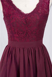 Burgundy A-line Jewel Neck Lace Chiffon Mini Bridesmaid Dress Junior Prom Gowns