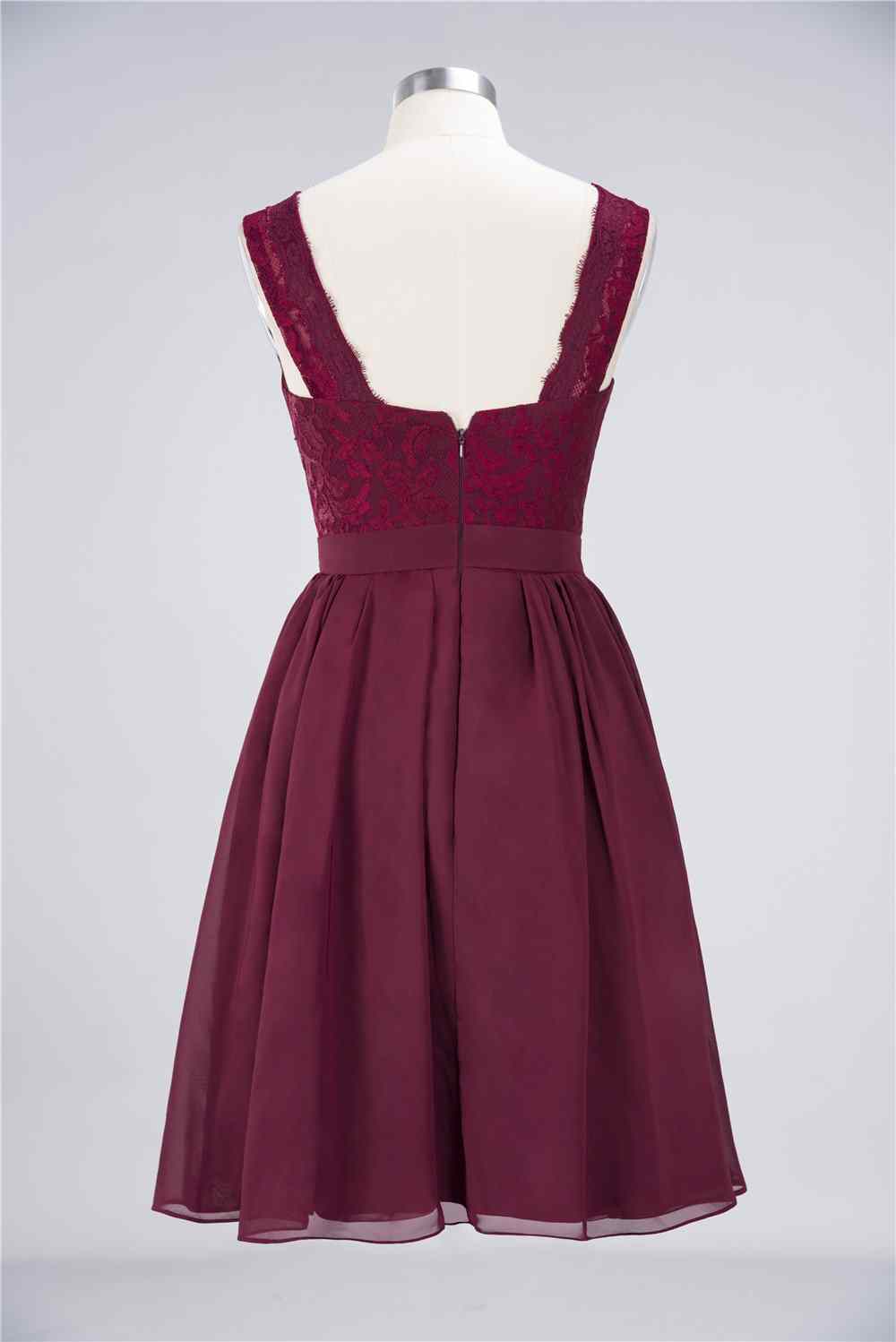 Burgundy A-line Jewel Neck Lace Chiffon Mini Bridesmaid Dress Junior Prom Gowns
