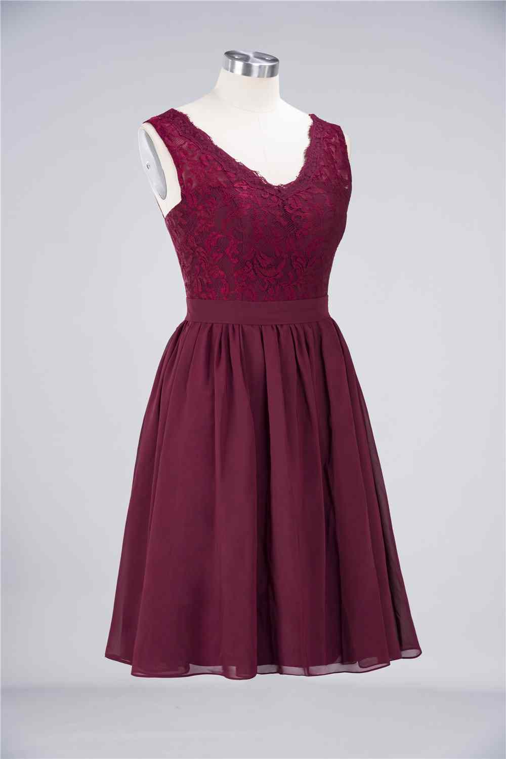 Burgundy A-line Jewel Neck Lace Chiffon Mini Bridesmaid Dress Junior Prom Gowns