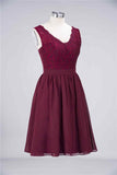 Burgundy A-line Jewel Neck Lace Chiffon Mini Bridesmaid Dress Junior Prom Gowns