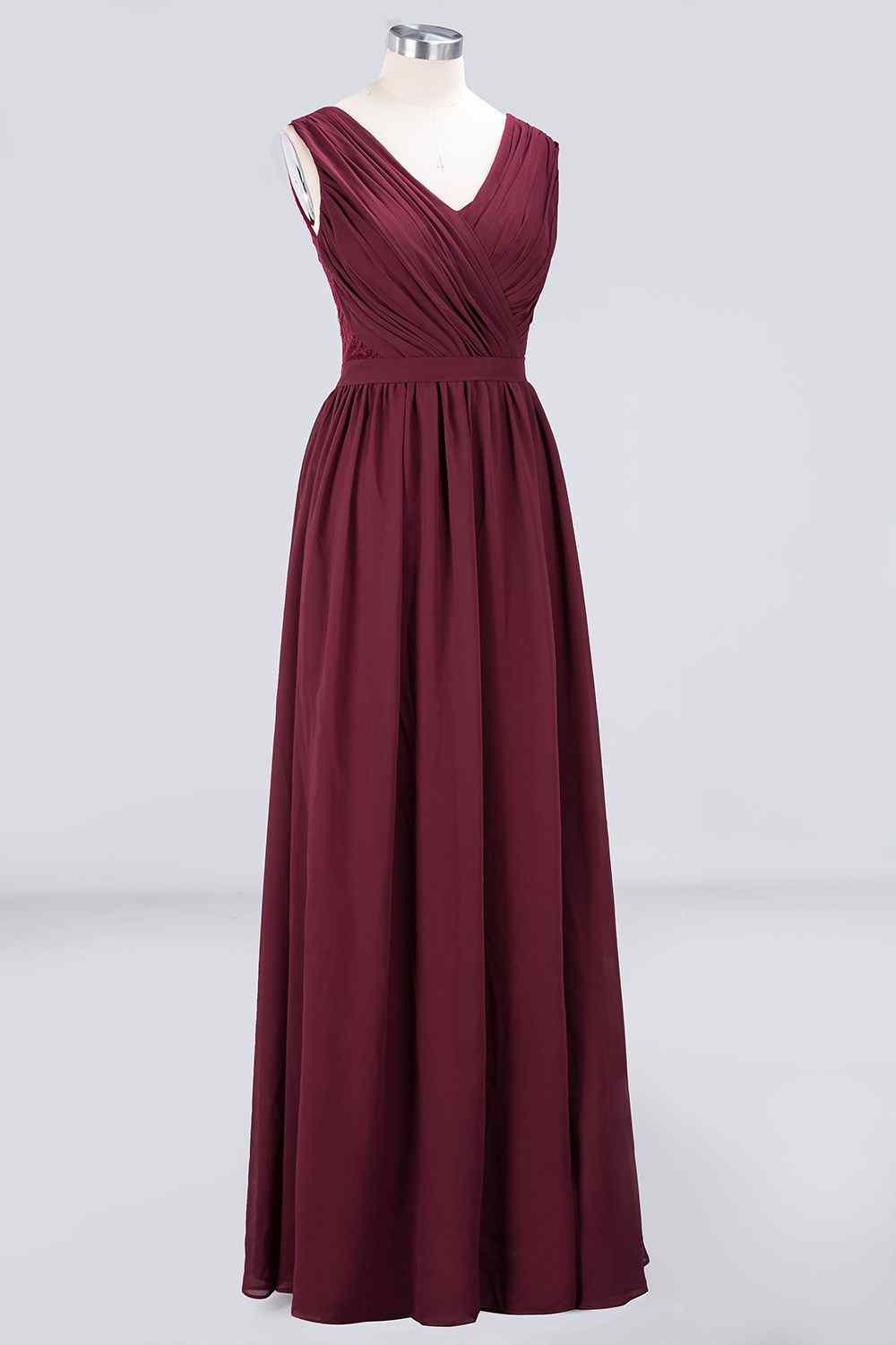 Burgundy A-line V Neck Pleated Chiffon Long Bridesmaid Dress Prom Evening Gowns