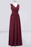 Burgundy A-line V Neck Pleated Chiffon Long Bridesmaid Dress Prom Evening Gowns
