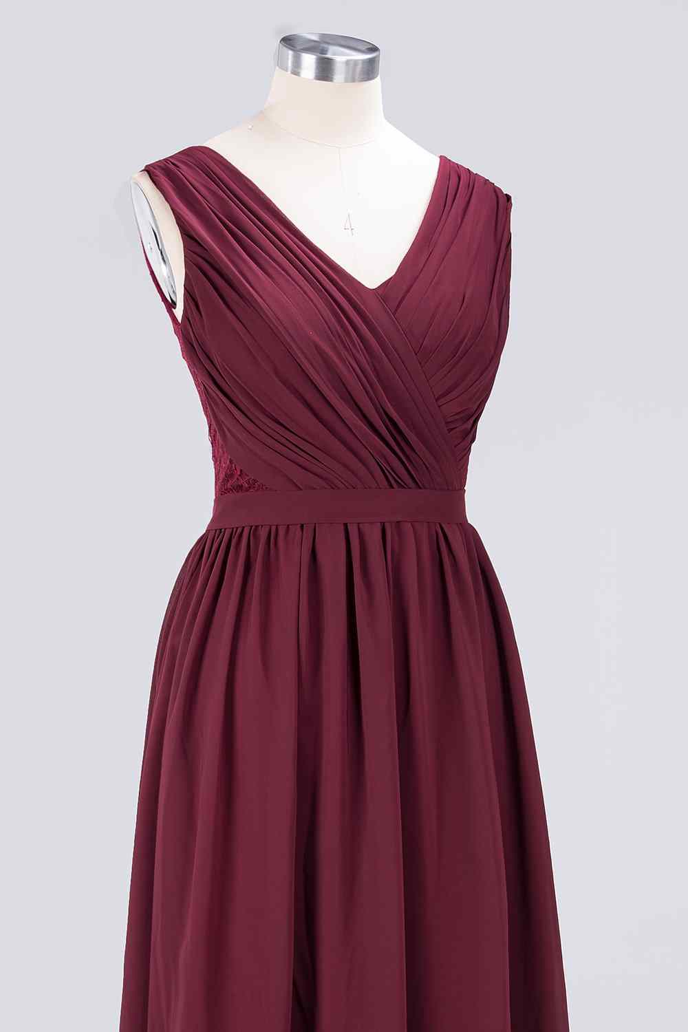 Burgundy A-line V Neck Pleated Chiffon Long Bridesmaid Dress Prom Evening Gowns