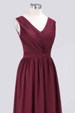 Burgundy A-line V Neck Pleated Chiffon Long Bridesmaid Dress Prom Evening Gowns