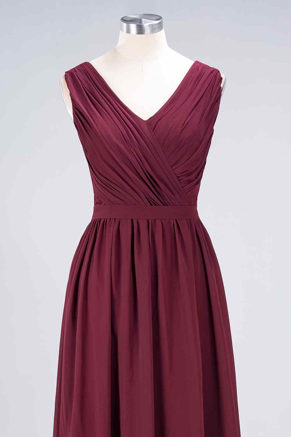 Burgundy A-line V Neck Pleated Chiffon Long Bridesmaid Dress Prom Evening Gowns