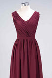 Burgundy A-line V Neck Pleated Chiffon Long Bridesmaid Dress Prom Evening Gowns
