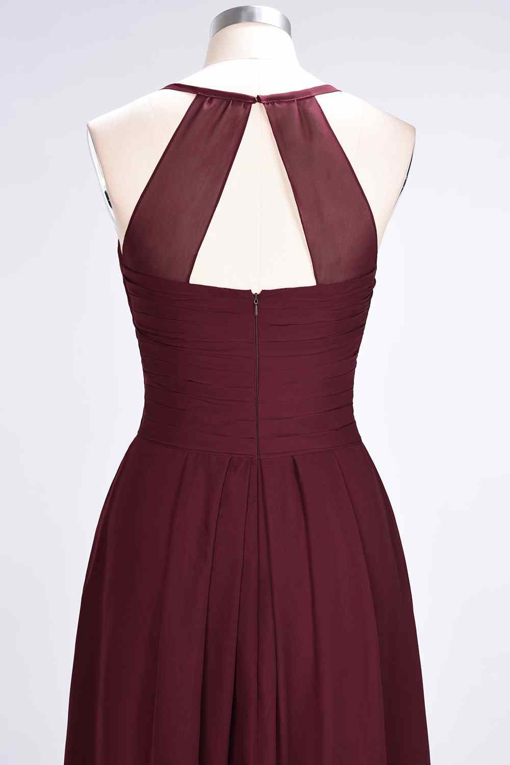 Burgundy A-line Halter Neck Cut-Out Pleated Chiffon Long Bridesmaid Dress Prom Evening Gowns