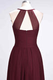 Burgundy A-line Halter Neck Cut-Out Pleated Chiffon Long Bridesmaid Dress Prom Evening Gowns