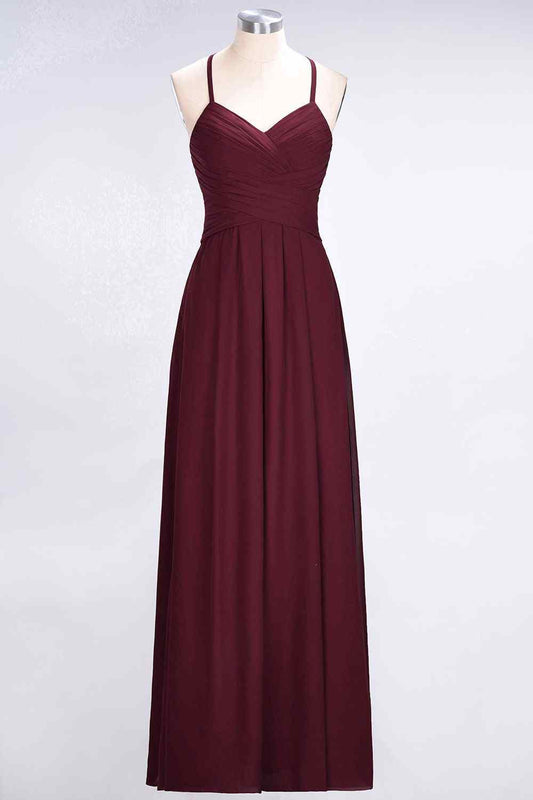 Burgundy A-line Halter Neck Cut-Out Pleated Chiffon Long Bridesmaid Dress Prom Evening Gowns