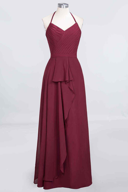 Burgundy A-line Halter Neck Cut-Out Chiffon Ruffle Long Bridesmaid Dress Prom Evening Gowns