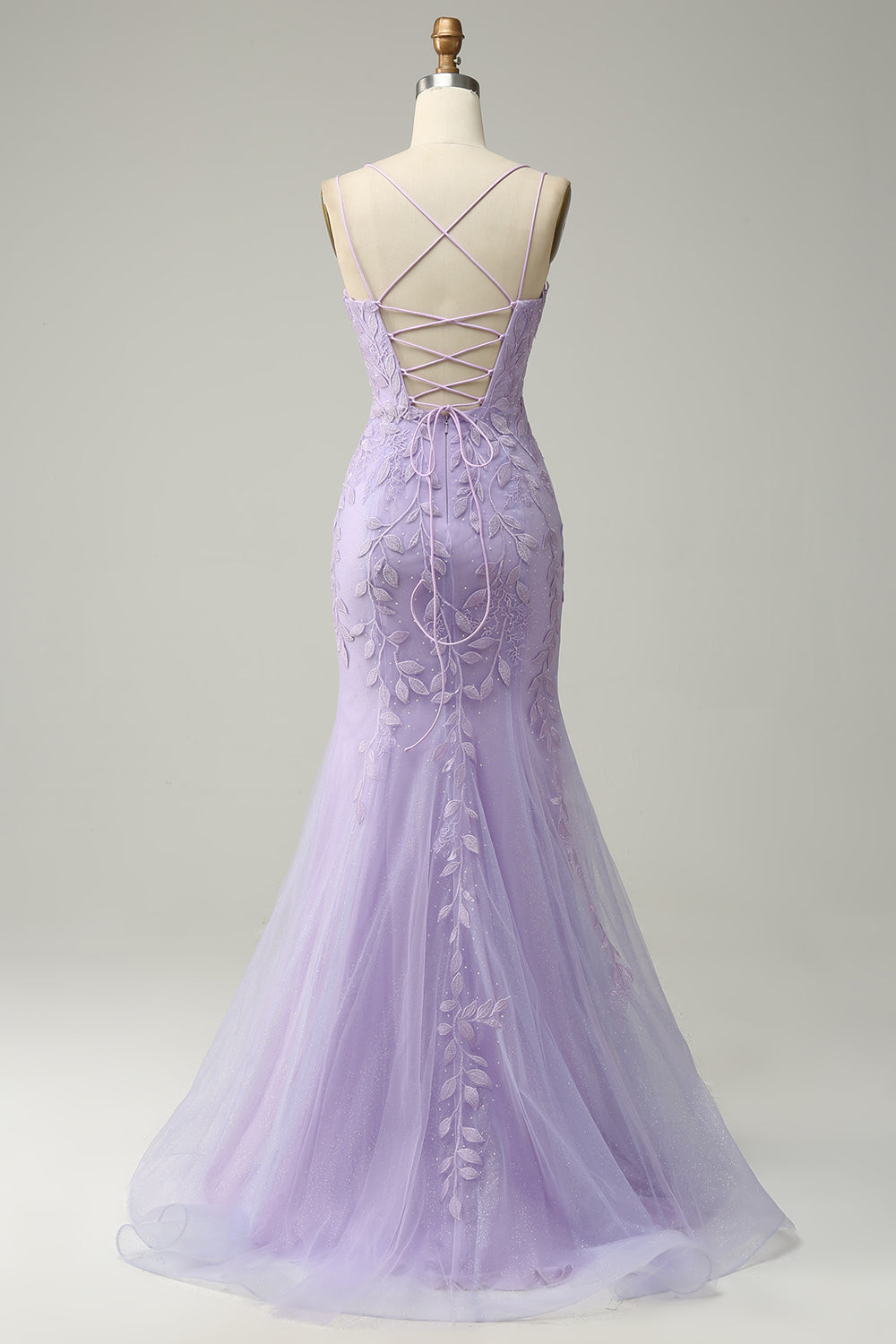 Hellblaues Meerjungfrau-Abschlussballkleid mit Schnürung und Applikationen aus Tüll, langes Abendkleid