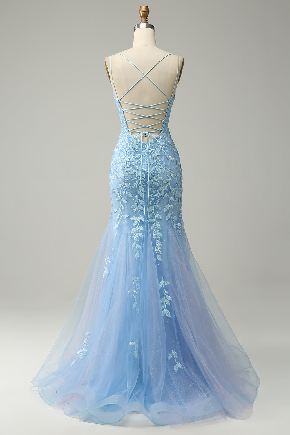 Hellblaues Meerjungfrau-Abschlussballkleid mit Schnürung und Applikationen aus Tüll, langes Abendkleid