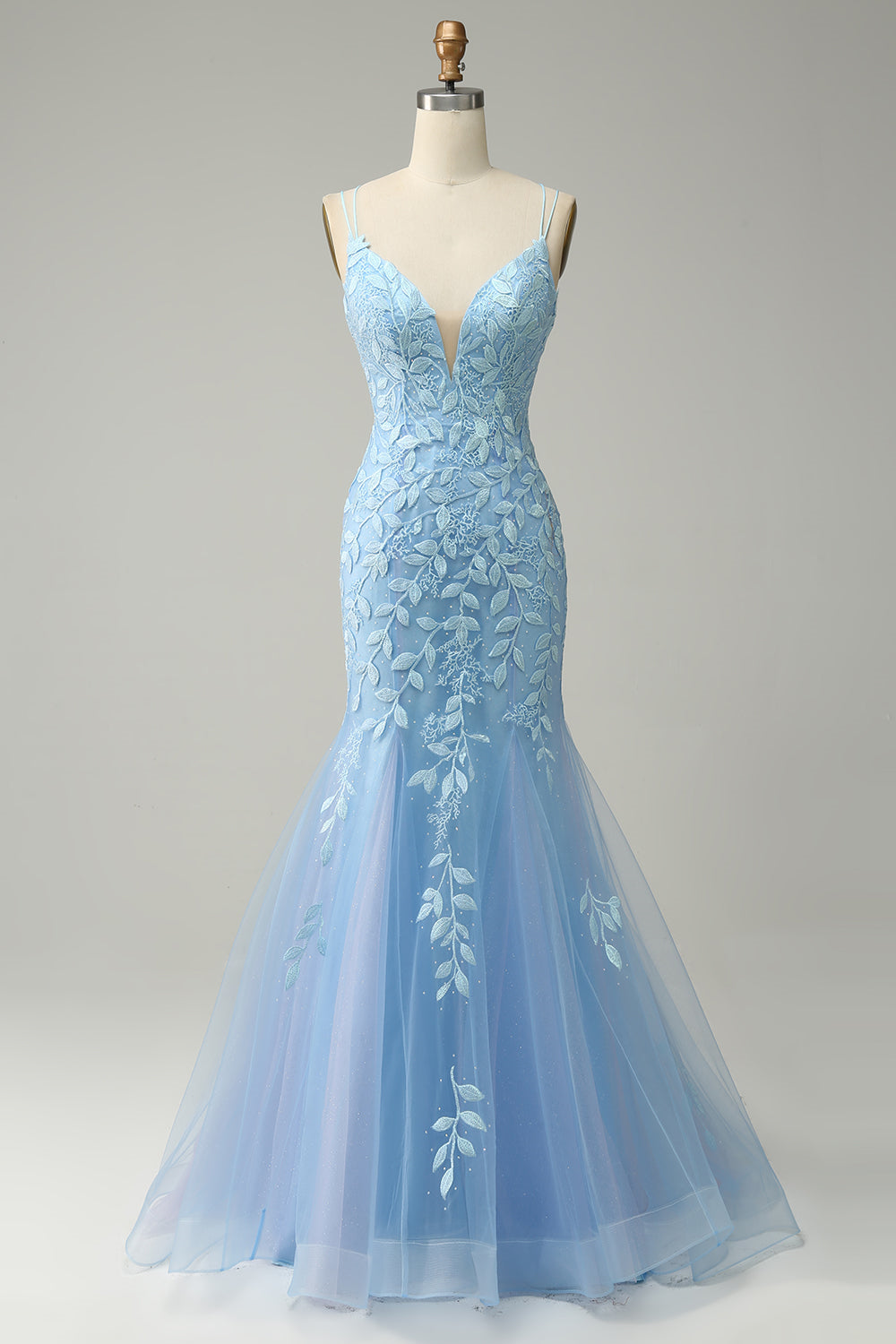 Hellblaues Meerjungfrau-Abschlussballkleid mit Schnürung und Applikationen aus Tüll, langes Abendkleid