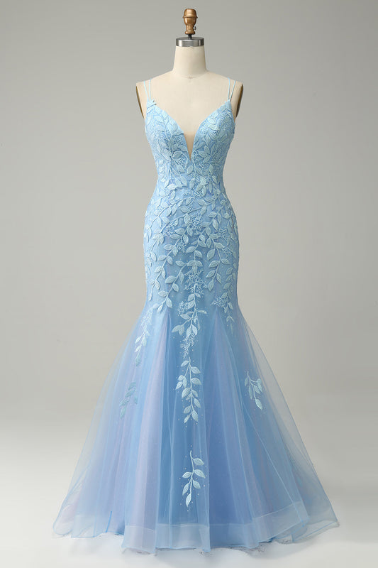 Hellblaues Meerjungfrau-Abschlussballkleid mit Schnürung und Applikationen aus Tüll, langes Abendkleid