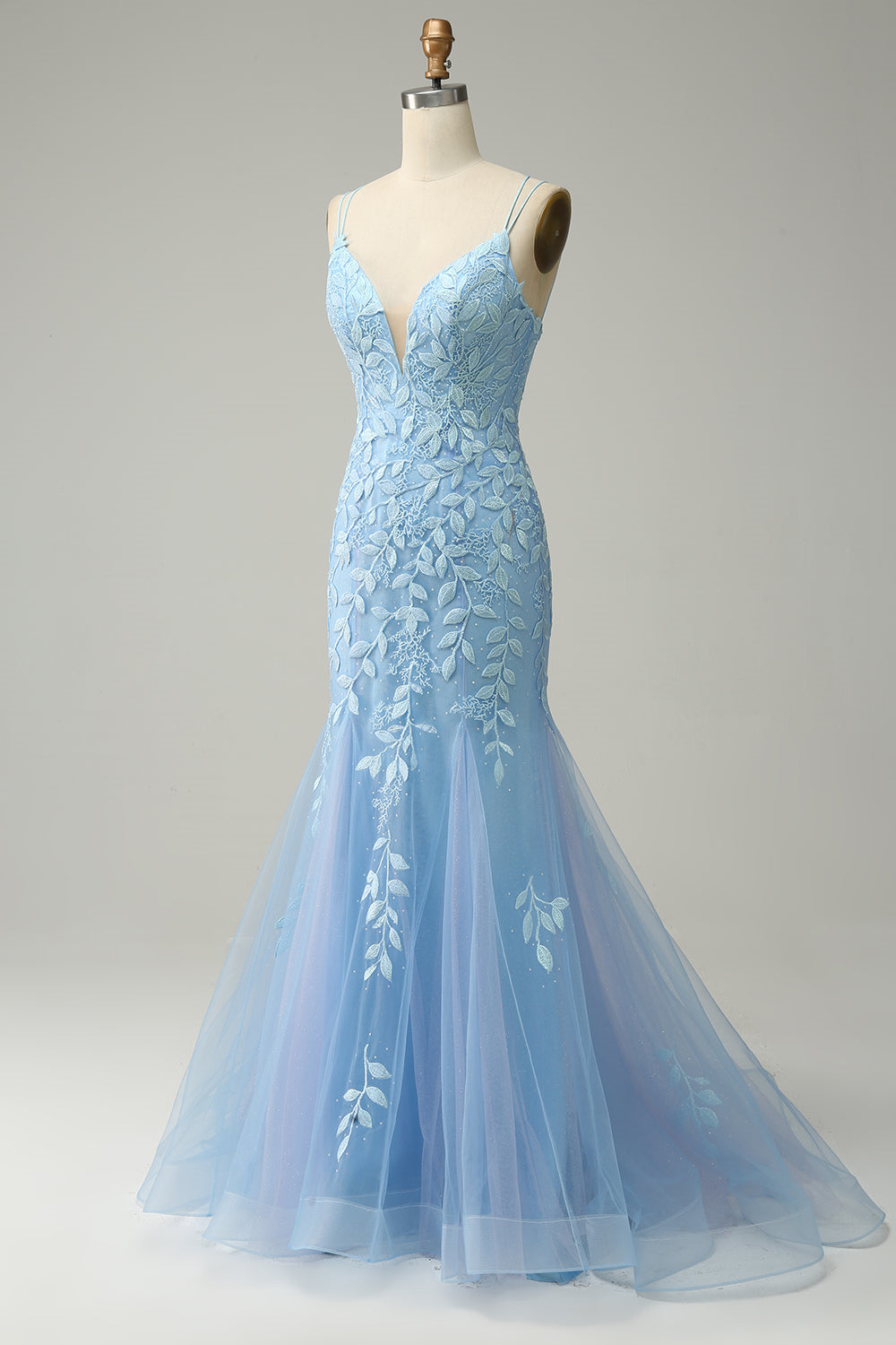 Hellblaues Meerjungfrau-Abschlussballkleid mit Schnürung und Applikationen aus Tüll, langes Abendkleid