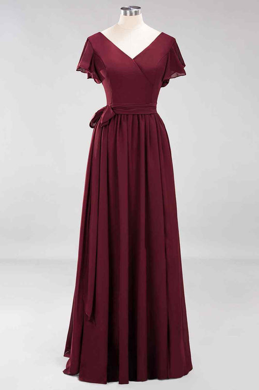 Burgundy A-line V Neck Surplice Chiffon Long Bridesmaid Dress with Sash Prom Evening Gowns