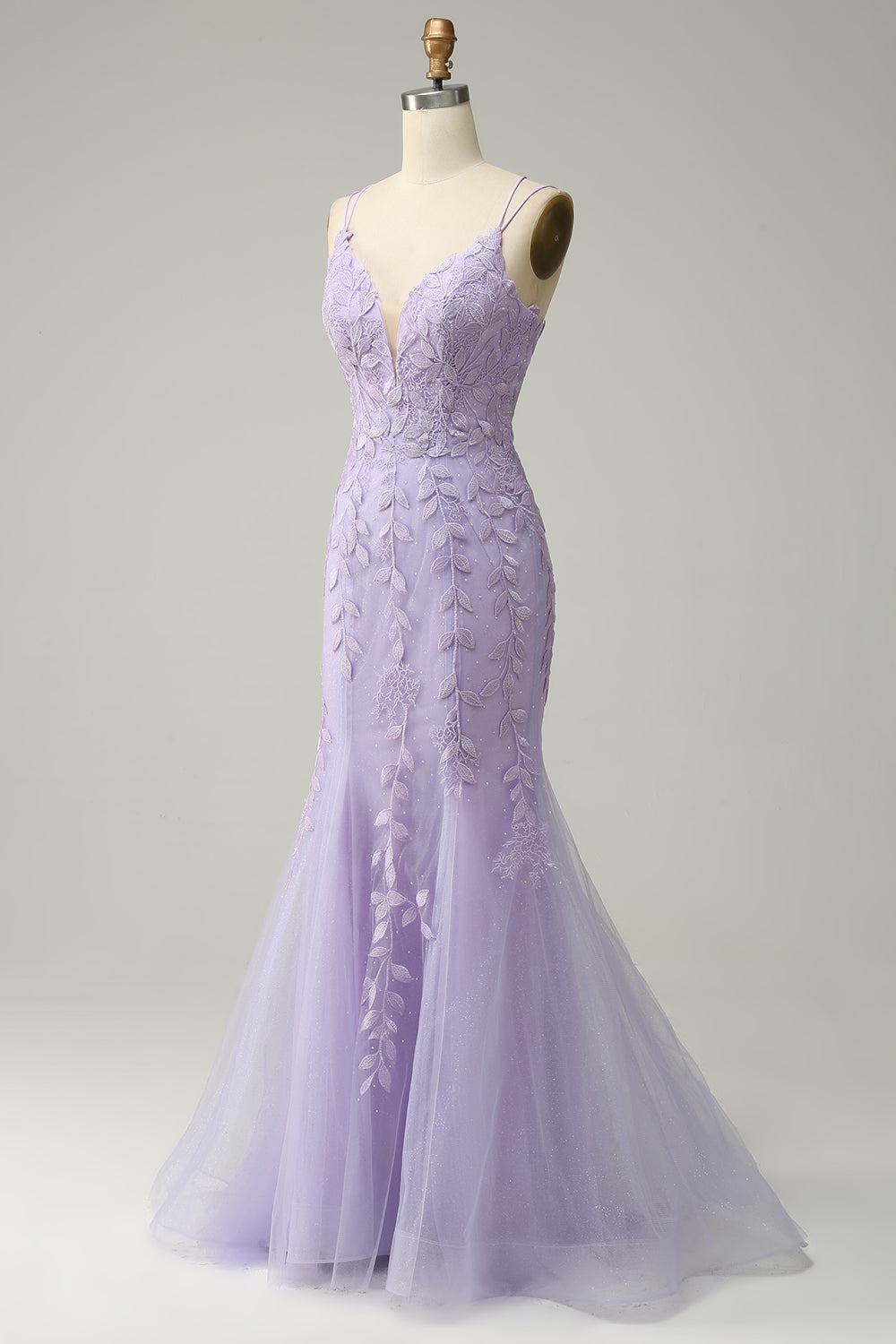 Hellblaues Meerjungfrau-Abschlussballkleid mit Schnürung und Applikationen aus Tüll, langes Abendkleid