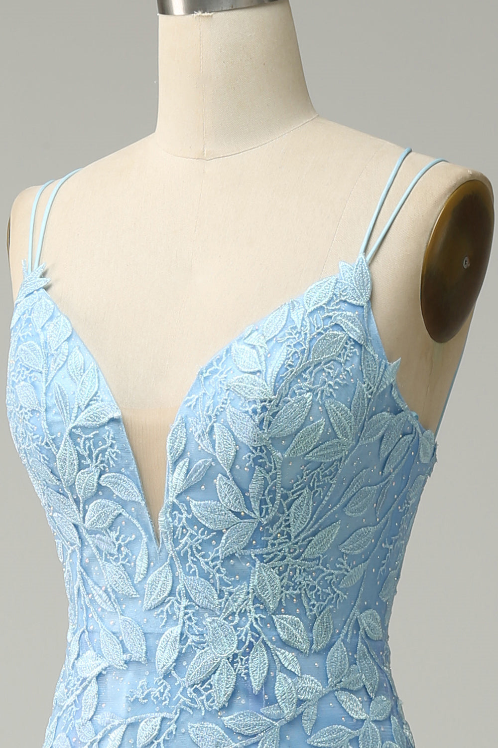 Hellblaues Meerjungfrau-Abschlussballkleid mit Schnürung und Applikationen aus Tüll, langes Abendkleid