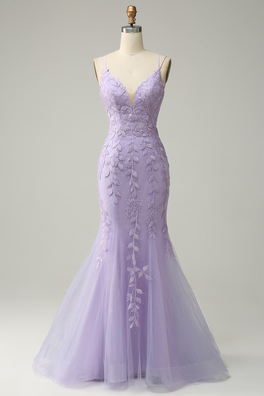 Hellblaues Meerjungfrau-Abschlussballkleid mit Schnürung und Applikationen aus Tüll, langes Abendkleid
