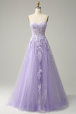 Lavendel A-Linie Applikationen Trägerlos Schnürung Tüll Langes Ballkleid Formelle Abendkleider