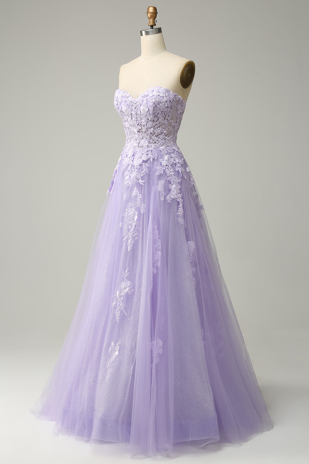 Lavendel A-Linie Applikationen Trägerlos Schnürung Tüll Langes Ballkleid Formelle Abendkleider