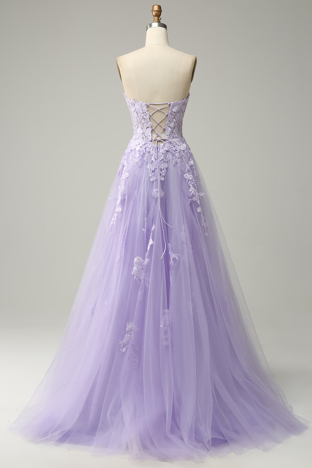 Lavendel A-Linie Applikationen Trägerlos Schnürung Tüll Langes Ballkleid Formelle Abendkleider