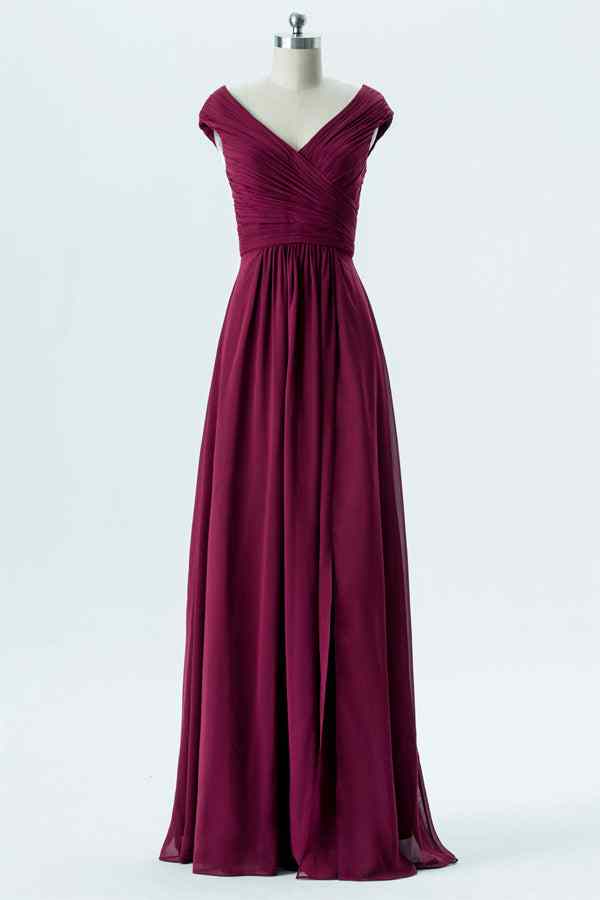 Orchid A-line Chiffon Pleated Cap Sleeve Long Bridesmaid Dress Party Prom Evening Gowns