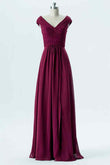 Orchid A-line Chiffon Pleated Cap Sleeve Long Bridesmaid Dress Party Prom Evening Gowns
