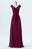Orchid A-line Chiffon Pleated Cap Sleeve Long Bridesmaid Dress Party Prom Evening Gowns