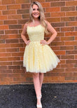 Yellow Lace Homecoming Dress, Short Prom Dress ,Winter Formal Dress, Pageant Dance Dresses, Back To School Party Gown, KB0974