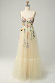 Vestido de fiesta largo de tul con apliques en forma de A en amarillo claro, vestidos de noche formales