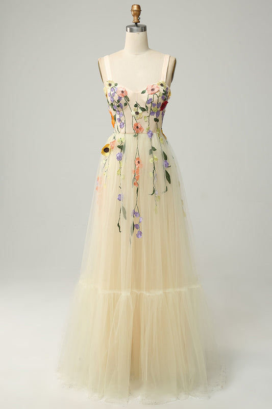 Hellgelbes A-Linien-Tüll-Abendkleid mit Applikationen, langes Abendkleid