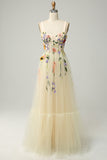 Vestido de fiesta largo de tul con apliques en forma de A en amarillo claro, vestidos de noche formales