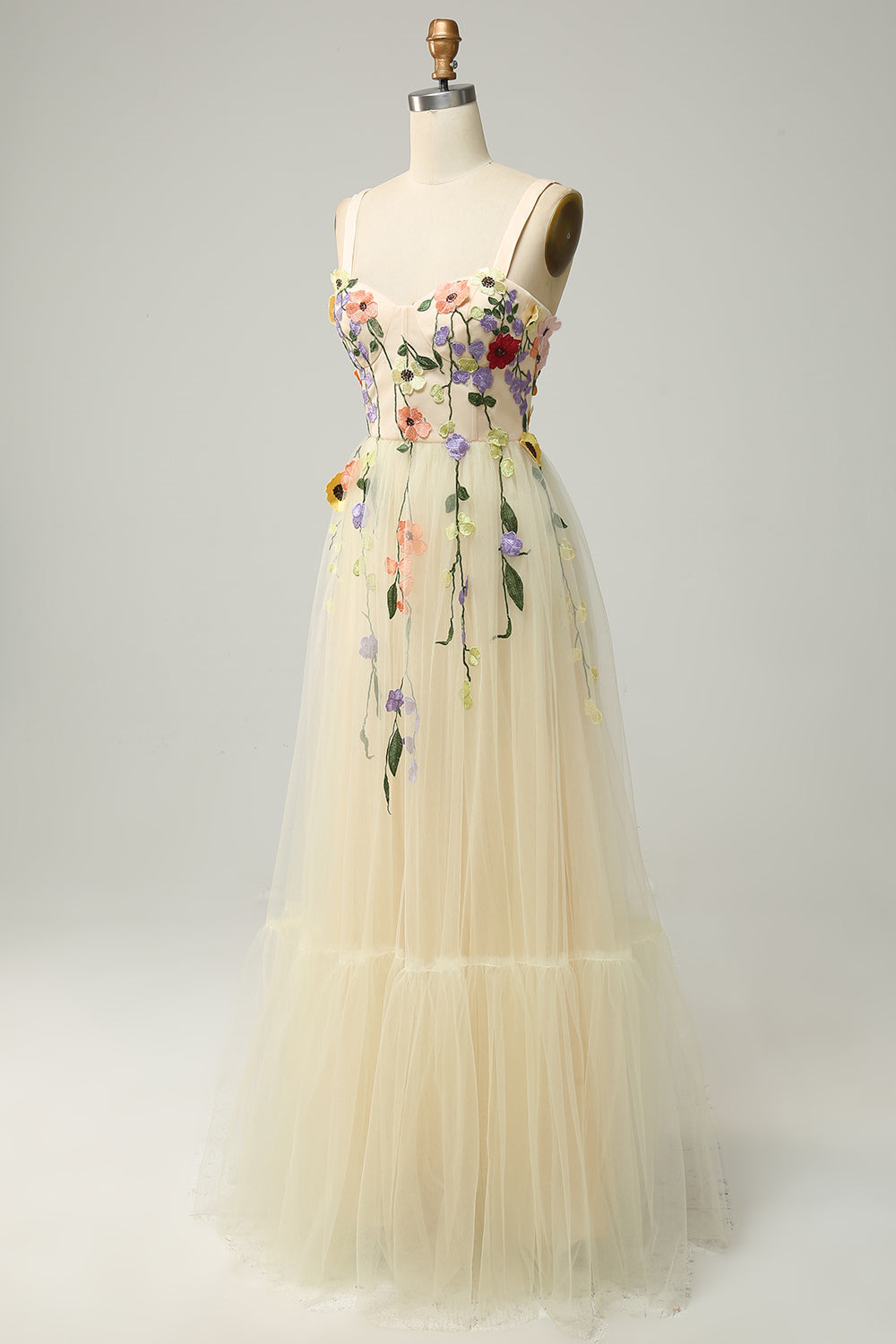 Vestido de fiesta largo de tul con apliques en forma de A en amarillo claro, vestidos de noche formales