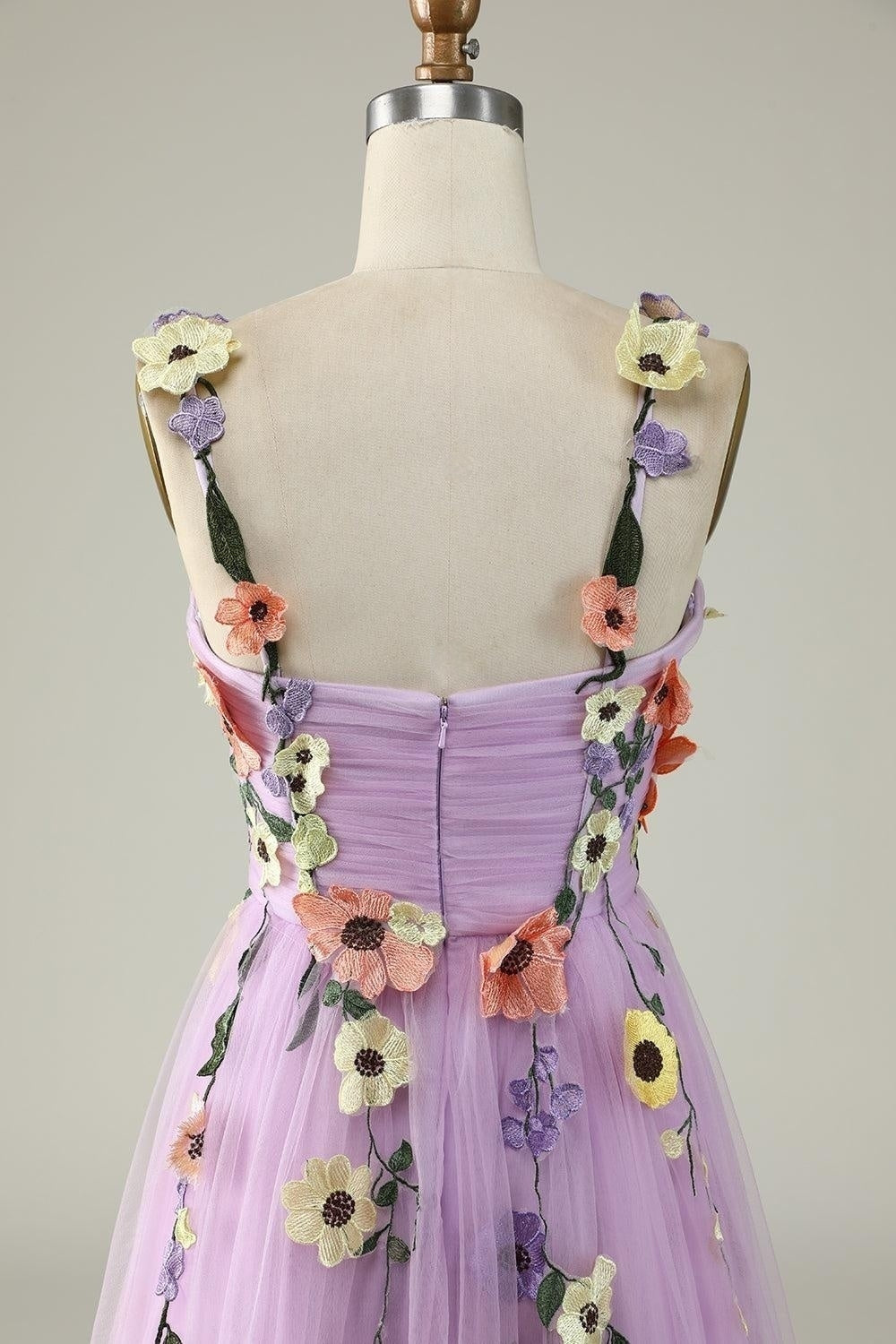Lavendel Blumen Träger Applikationen A-Linie Tüll Langes Ballkleid Formelle Abendkleider