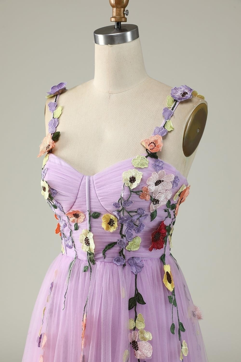 Lavendel Blumen Träger Applikationen A-Linie Tüll Langes Ballkleid Formelle Abendkleider
