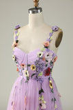 Lavendel Blumen Träger Applikationen A-Linie Tüll Langes Ballkleid Formelle Abendkleider