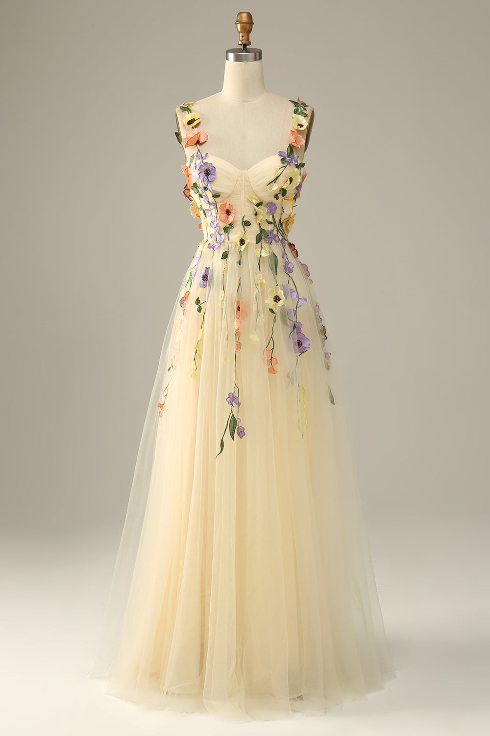 Lavendel Blumen Träger Applikationen A-Linie Tüll Langes Ballkleid Formelle Abendkleider