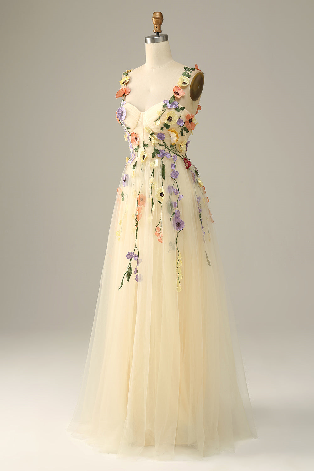 Lavendel Blumen Träger Applikationen A-Linie Tüll Langes Ballkleid Formelle Abendkleider