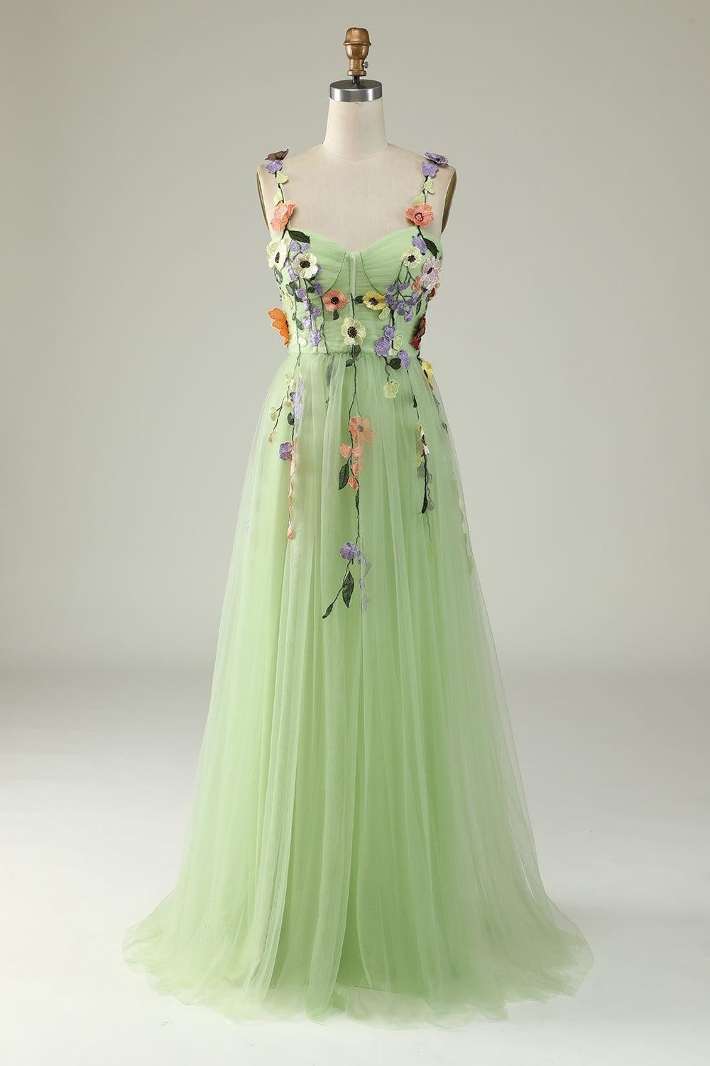 Lavendel Blumen Träger Applikationen A-Linie Tüll Langes Ballkleid Formelle Abendkleider