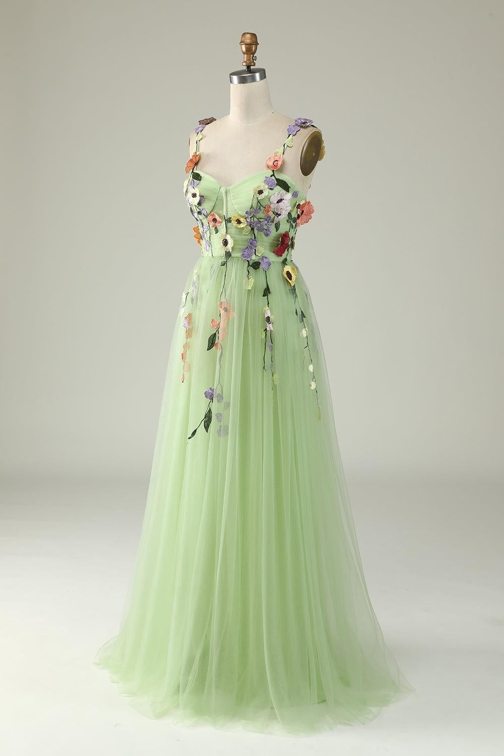 Lavendel Blumen Träger Applikationen A-Linie Tüll Langes Ballkleid Formelle Abendkleider