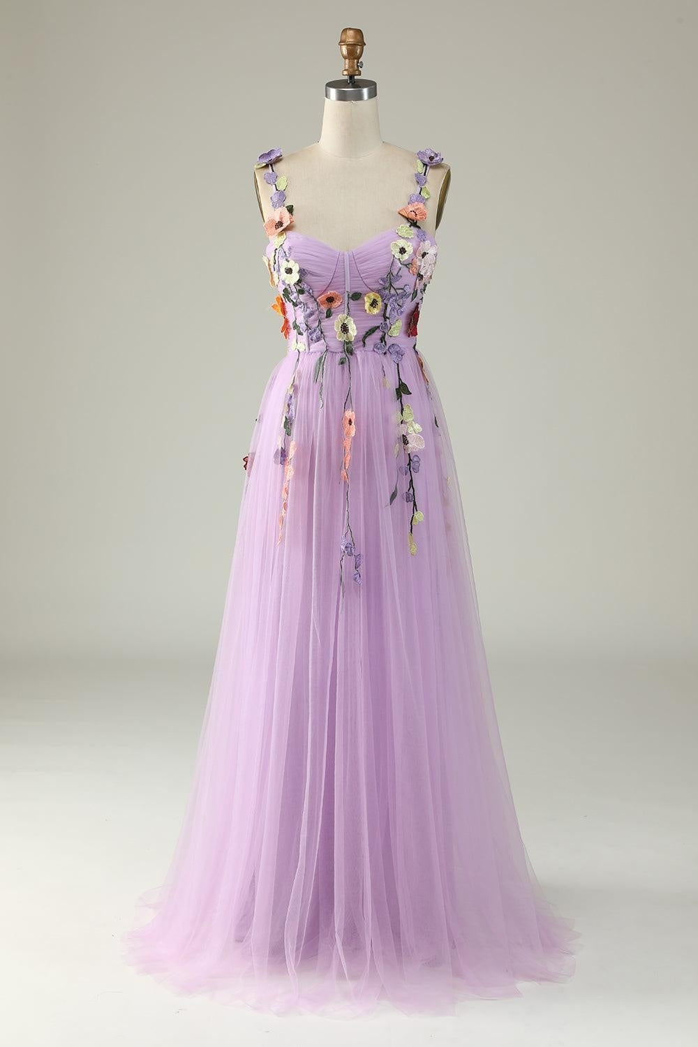Lavendel Blumen Träger Applikationen A-Linie Tüll Langes Ballkleid Formelle Abendkleider