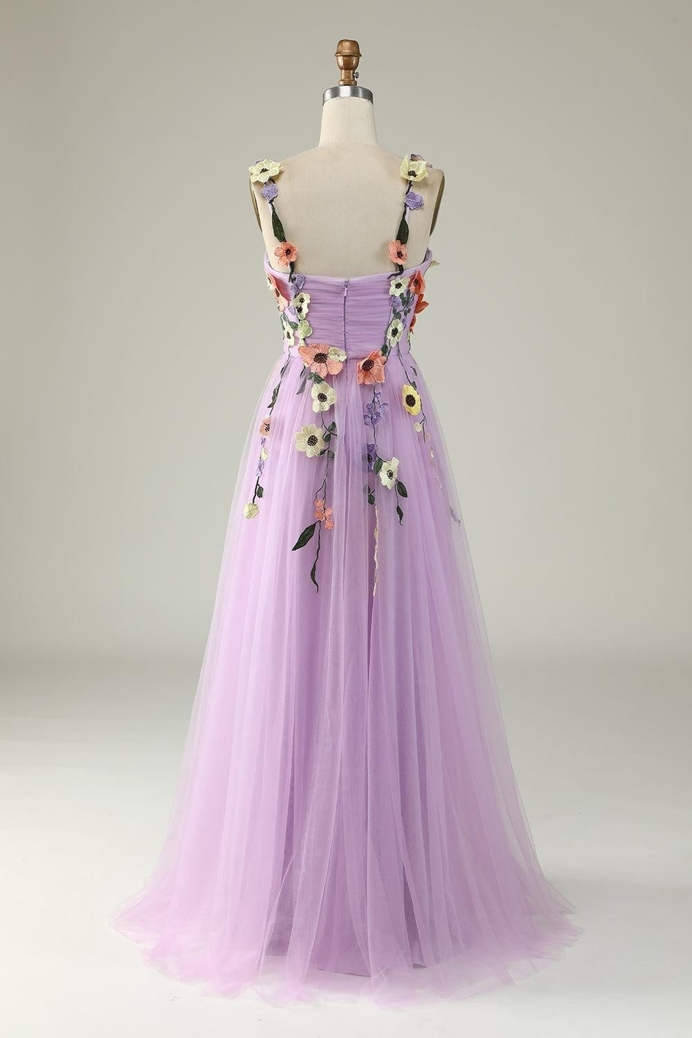 Lavendel Blumen Träger Applikationen A-Linie Tüll Langes Ballkleid Formelle Abendkleider