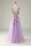 Lavendel Blumen Träger Applikationen A-Linie Tüll Langes Ballkleid Formelle Abendkleider