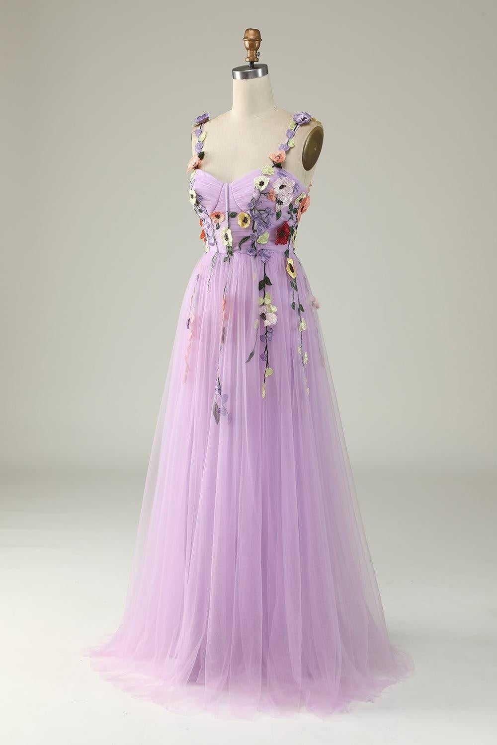Lavendel Blumen Träger Applikationen A-Linie Tüll Langes Ballkleid Formelle Abendkleider