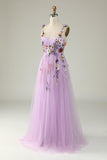 Lavendel Blumen Träger Applikationen A-Linie Tüll Langes Ballkleid Formelle Abendkleider