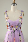 Lavendel Blumen Träger Applikationen A-Linie Tüll Langes Ballkleid Formelle Abendkleider