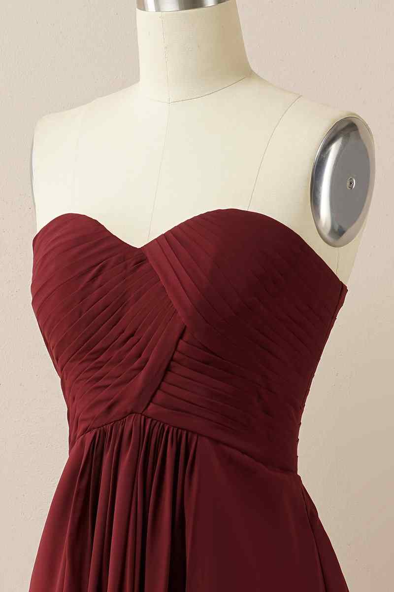 A-line Strapless Chiffon Pleated Lace-Up Back Long Bridesmaid Dress Party Prom Evening Gowns